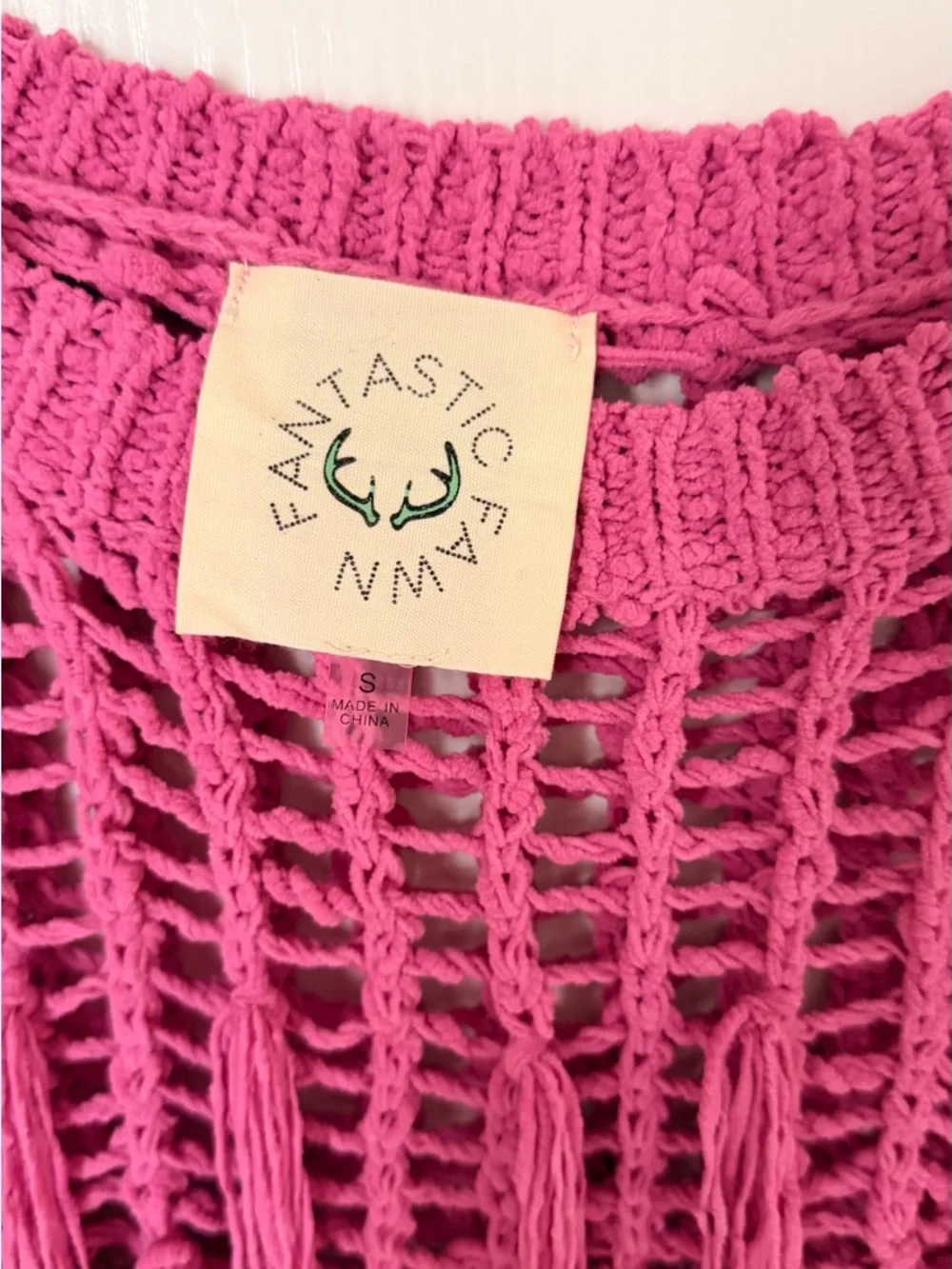 Fantastic Fawn Open-Knit Fringe Sweater — Fuchsia Pink - Picture 2 of 7